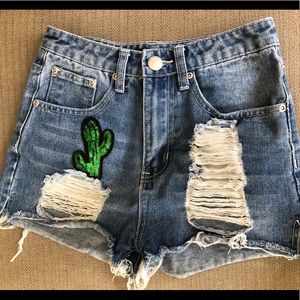 High Waisted mid wash denim, sequin cactus